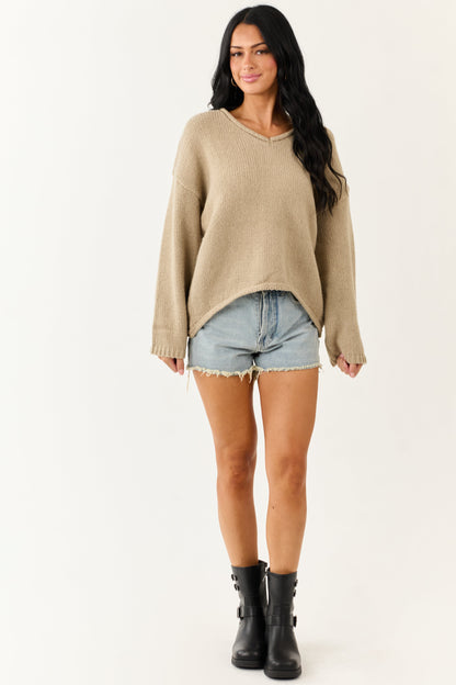 Lovelo Oatmeal V Neck Long Sleeve Chunky Knit Sweater