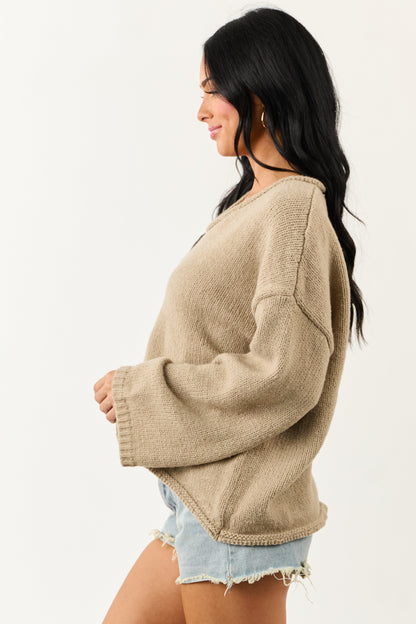 Lovelo Oatmeal V Neck Long Sleeve Chunky Knit Sweater