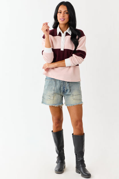 Mahogany Rugby Stripe Fleece Long Sleeve Polo Top