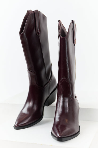 Mahogany Faux Leather Western Style Tall Boots