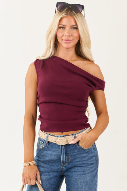 Maroon Asymmetrical Off the Shoulder Neckline Top