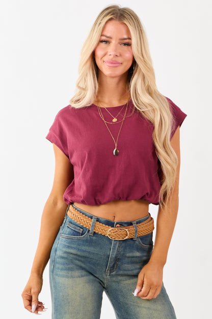 Maroon Cotton Bubble Hem Short Sleeve Cropped Top