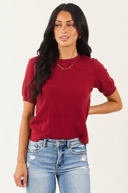 Maroon Short Puff Sleeve Soft Knit Top