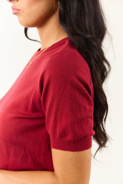 Maroon Short Puff Sleeve Soft Knit Top