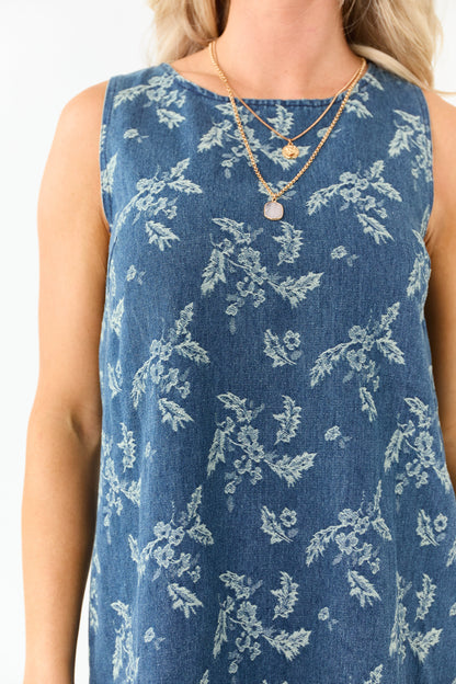 Medium Antique Wash Denim Floral Jacquard Mini Dress