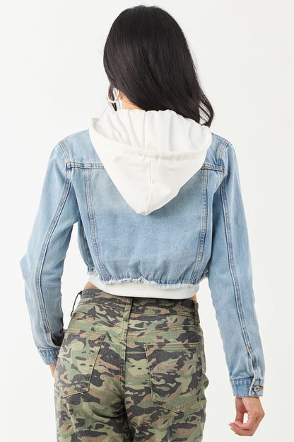 Medium Denim Crop Jacket with Inner Zip Up Hoodie