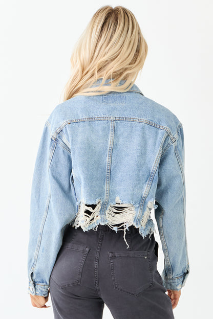 Medium Mineral Wash Denim Distressed Boxy Jacket