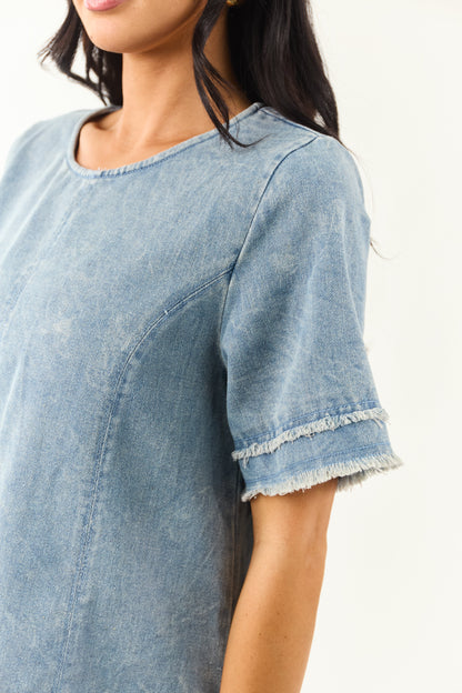 Medium Vintage Wash Denim Frayed Trim Mini Shift Dress