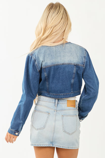 Medium Wash Acid Wash Cropped Denim Jacket