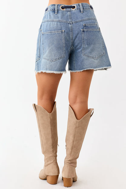 Medium Wash Braided Drawstring Denim Shorts