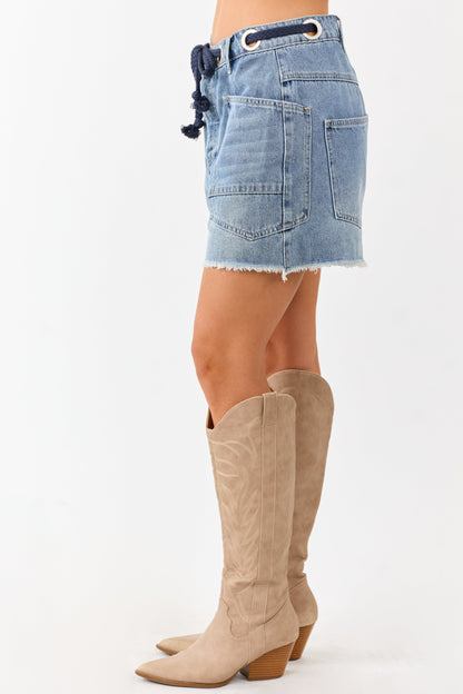 Medium Wash Braided Drawstring Denim Shorts