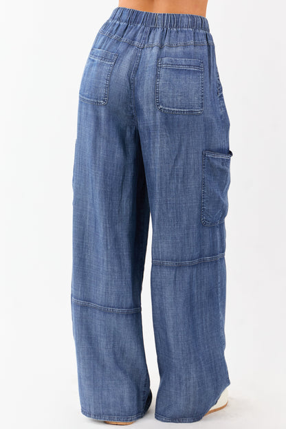 Medium Wash Chambray Cargo Wide Leg Pants