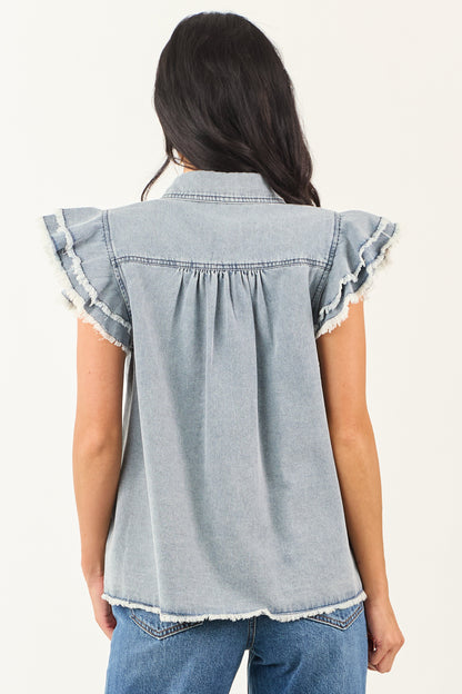 Medium Wash Denim Button Down Ruffle Cap Sleeve Top