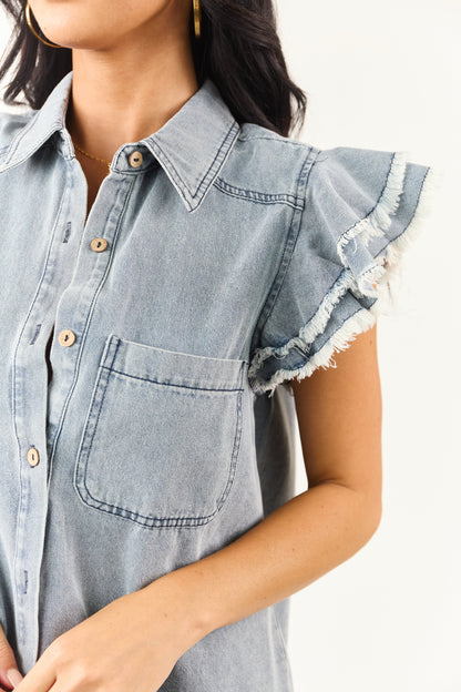 Medium Wash Denim Button Down Ruffle Cap Sleeve Top