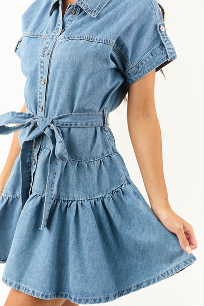 Medium Wash Denim Button Up Tiered Mini Dress
