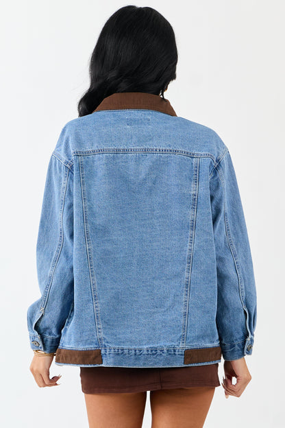 Medium Wash Denim Contrast Corduroy Collar Jacket