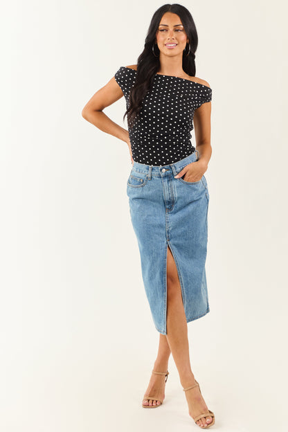 Medium Wash Denim Front Slit Midi Skirt