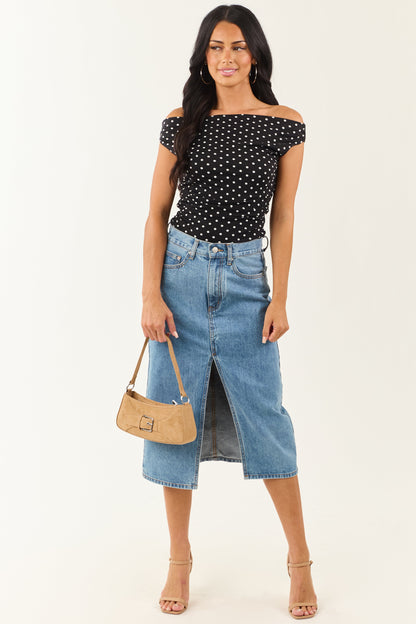 Medium Wash Denim Front Slit Midi Skirt