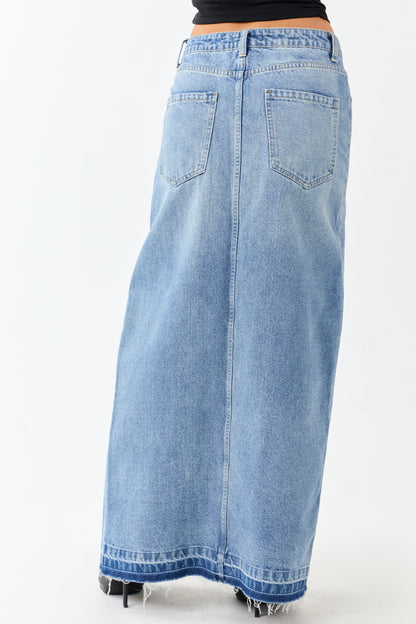 Medium Wash Denim Released Hem Maxi Skirt
