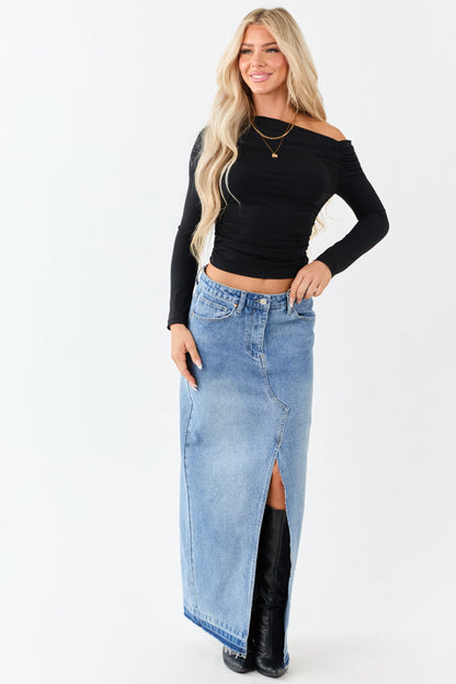 Medium Wash Denim Released Hem Maxi Skirt
