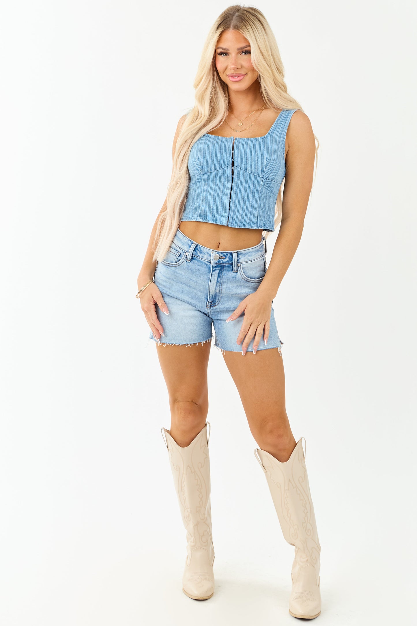 Medium Wash Denim Smocked Back Cropped Tank Top