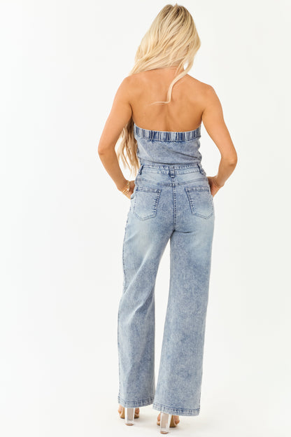 Medium Wash Denim Strapless Wide Leg Jumpsuit
