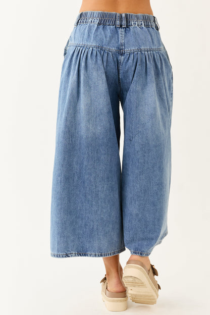 Medium Wash High Rise Cropped Wide Leg Denim Pants