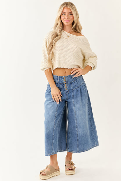 Medium Wash High Rise Cropped Wide Leg Denim Pants