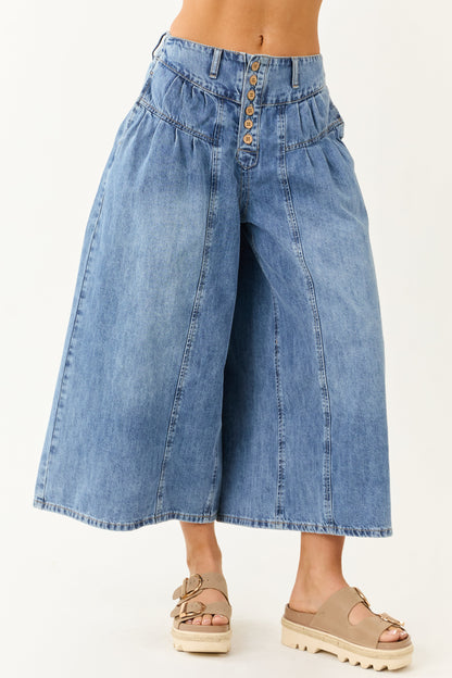 Medium Wash High Rise Cropped Wide Leg Denim Pants