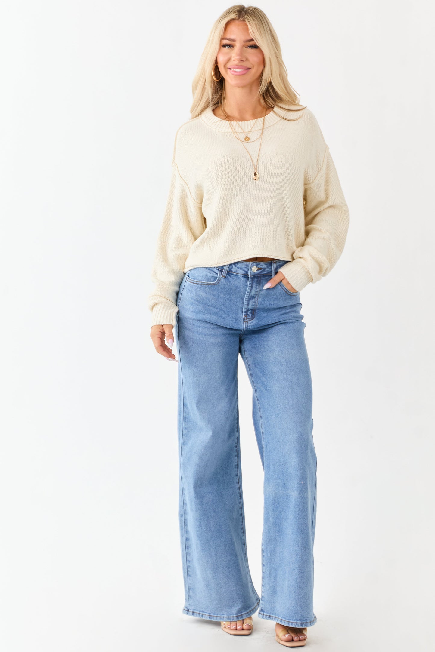 Medium Wash High Rise Wide Leg Stretchy Jeans