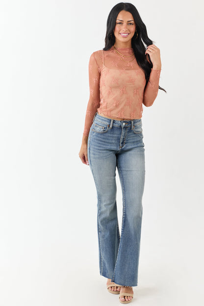 Melon Floral Mesh Lace Long Sleeve Top