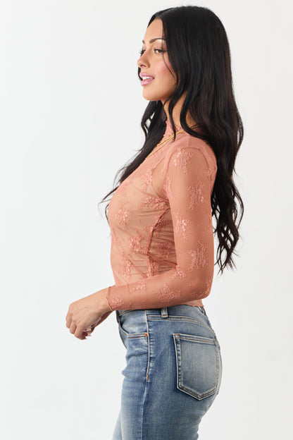 Melon Floral Mesh Lace Long Sleeve Top