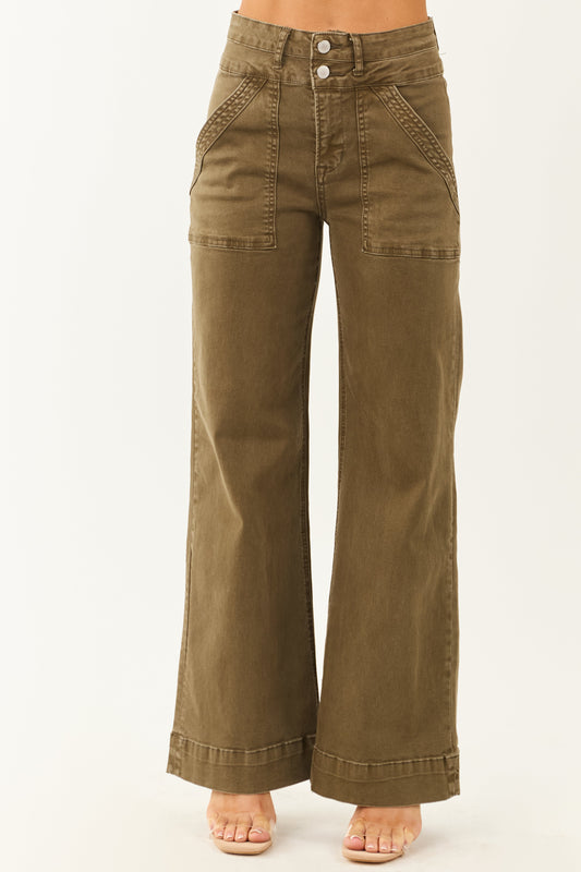 Mica Denim Army Green Wide Leg Stretchy Jeans