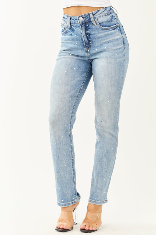 Mica Denim Light Rhinestone Stretchy Straight Jeans