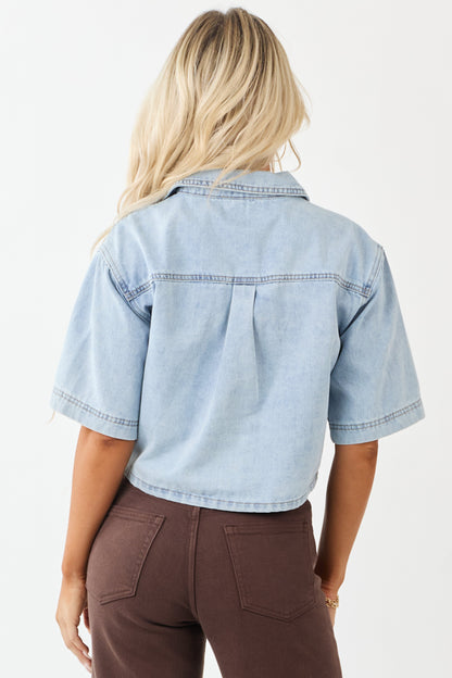 Mica Denim Light Wash Button Down Half Sleeve Top