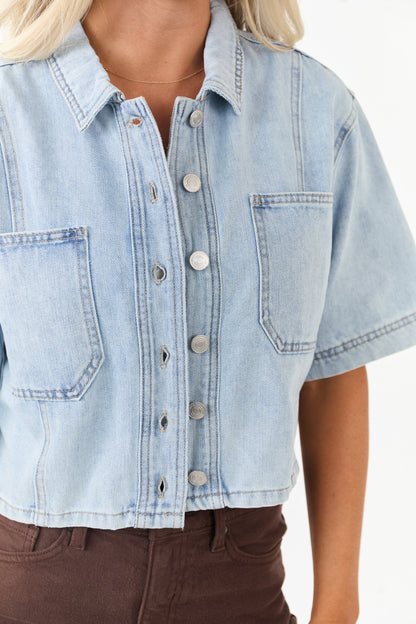 Mica Denim Light Wash Button Down Half Sleeve Top