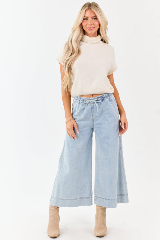 Mica Denim Light Wash Drawstring Wide Capri Jeans