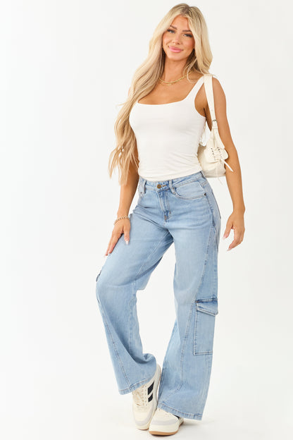 Mica Denim Light Wash Wide Leg Cargo Jeans