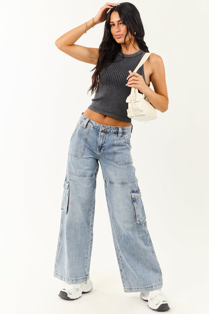 Mica Denim Medium Wash Cargo Wide Leg Jeans