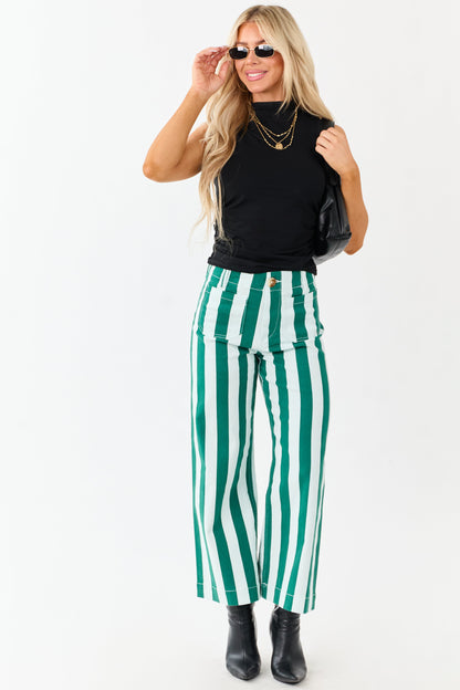 Mica Denim Mint Striped Wide Stretchy Crop Jeans