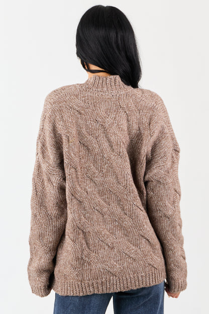 Mocha Cable Knit Open Front Wool Blend Cardigan