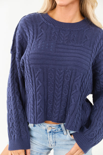 Navy Flag Detail Cable Knit Sweater