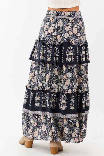 Navy Floral Print Ruffle Tiered Maxi Skirt