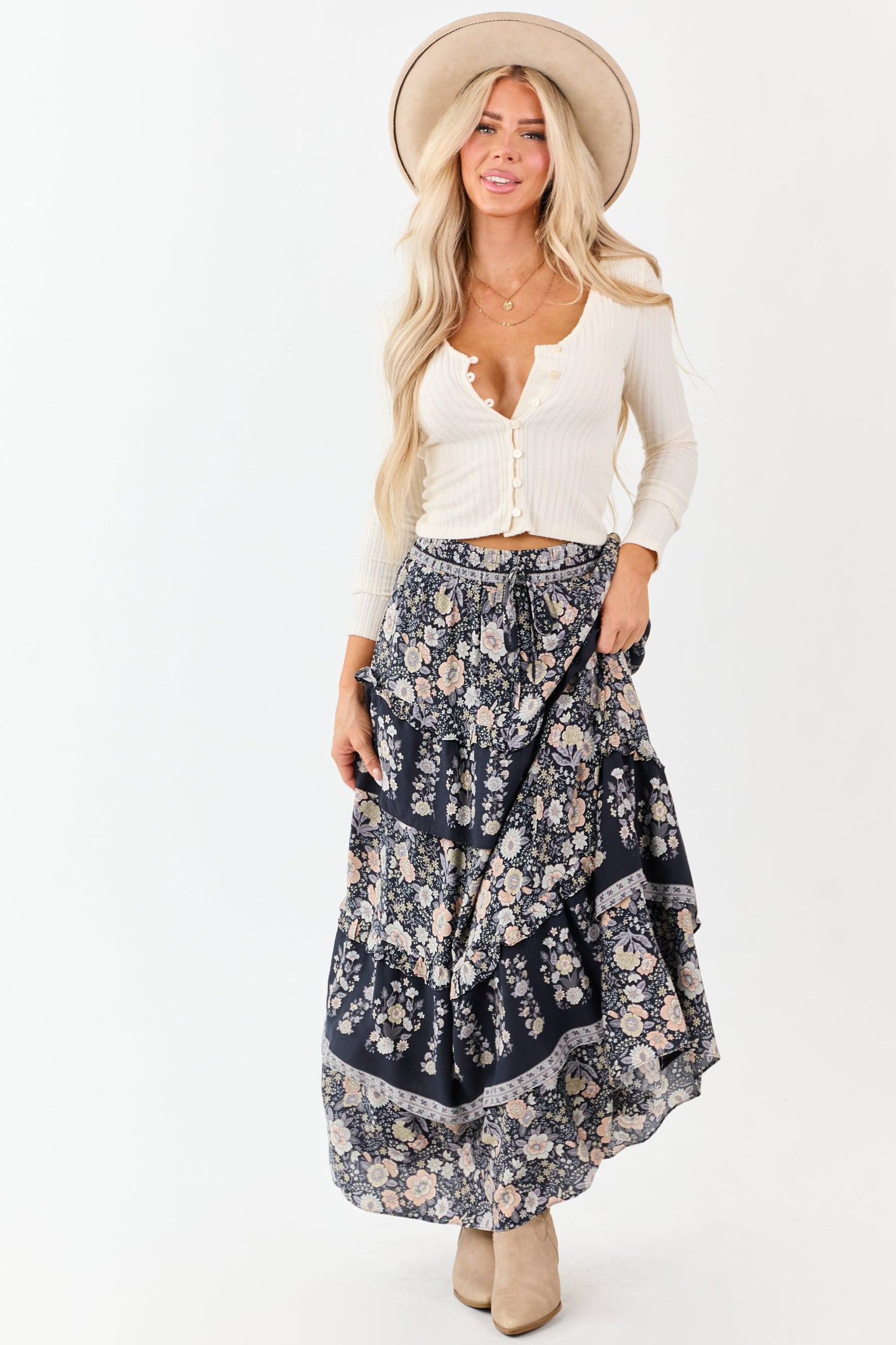 Navy Floral Print Ruffle Tiered Maxi Skirt