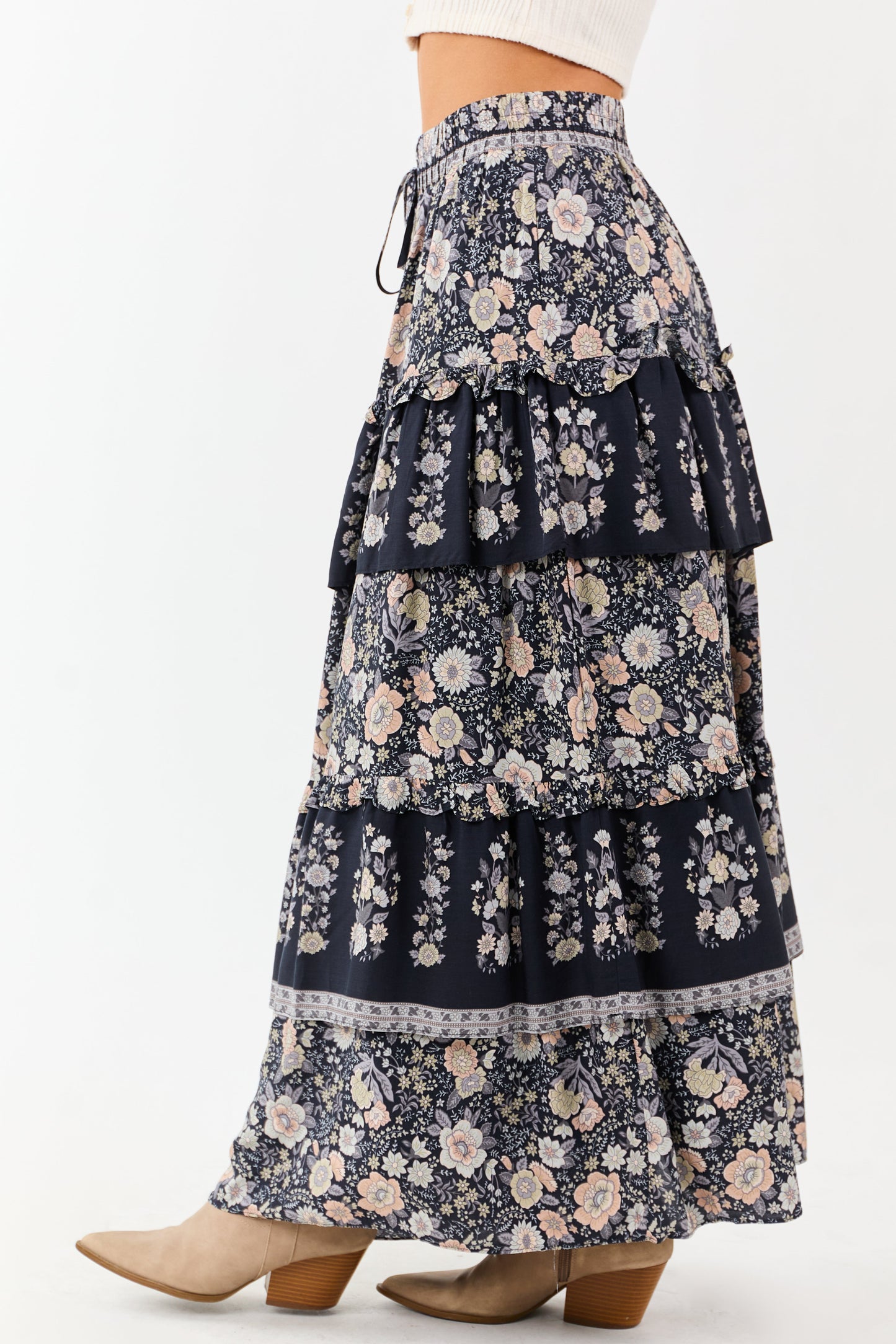 Navy Floral Print Ruffle Tiered Maxi Skirt