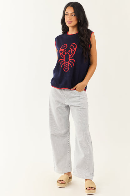 Navy Lobster Graphic Round Neck Knit Tank Top