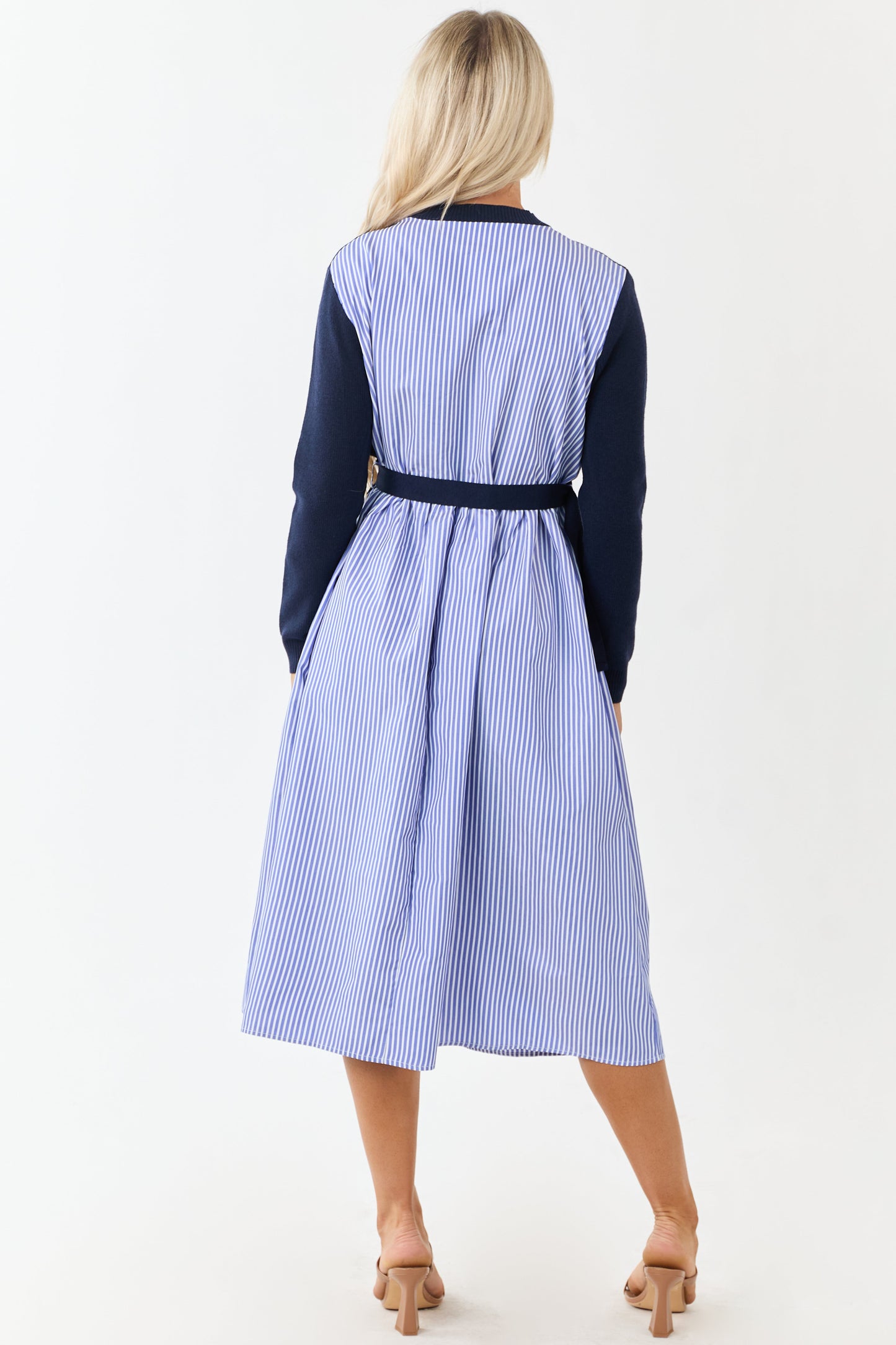 Navy Mock Neck Sweater Overlay Striped Midi Dress