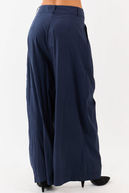 Navy Pleated High Waisted Wide Leg Palazzo Pants