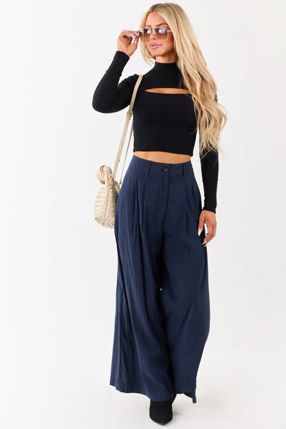 Navy Pleated High Waisted Wide Leg Palazzo Pants