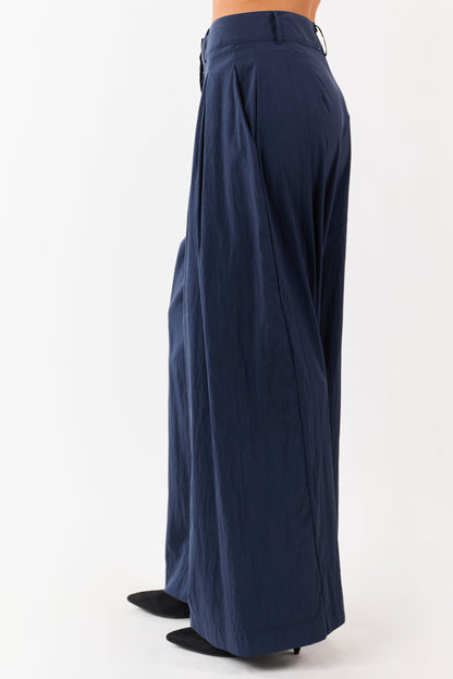 Navy Pleated High Waisted Wide Leg Palazzo Pants
